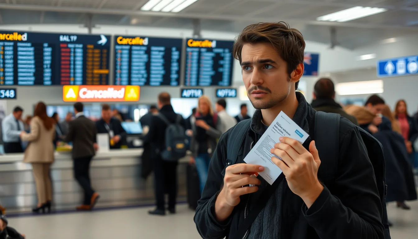 A traveler at an airport looking frustrated after a flight cancellation