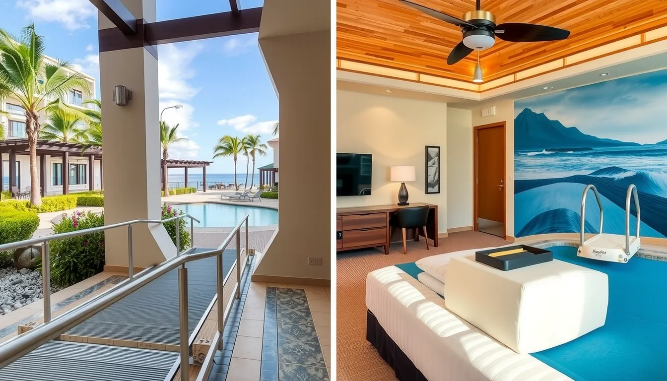 An image of a luxurious resort with visible disability accommodations such as accessible ramps a spa