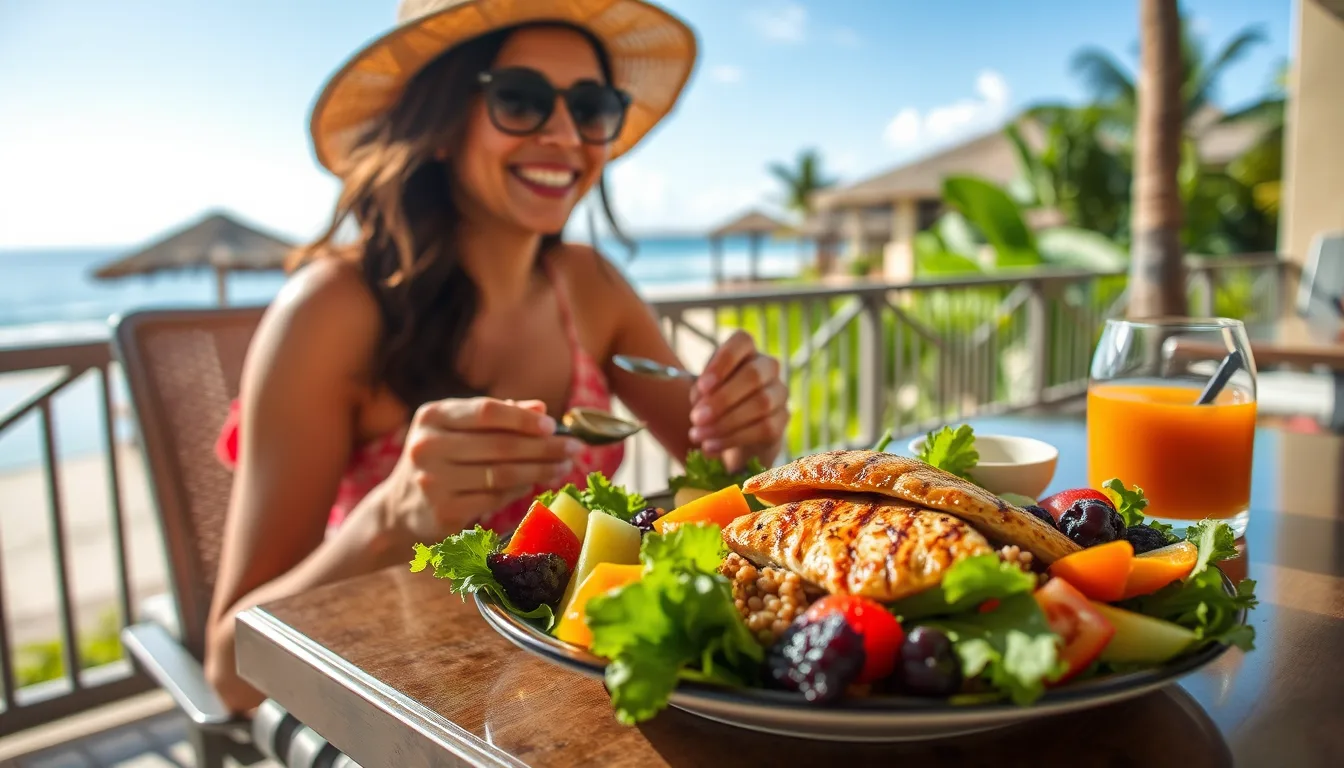 Create an image of a traveler enjoying a healthy meal at a resort or vacation destination
