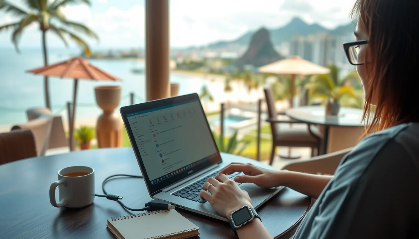 an image of a digital nomad working on a laptop at a scenic location such as a beach resort