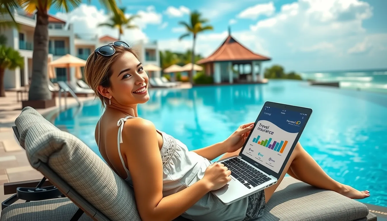 an image of a traveler relaxing by a luxury resort pool with a laptop or smartphone in hand