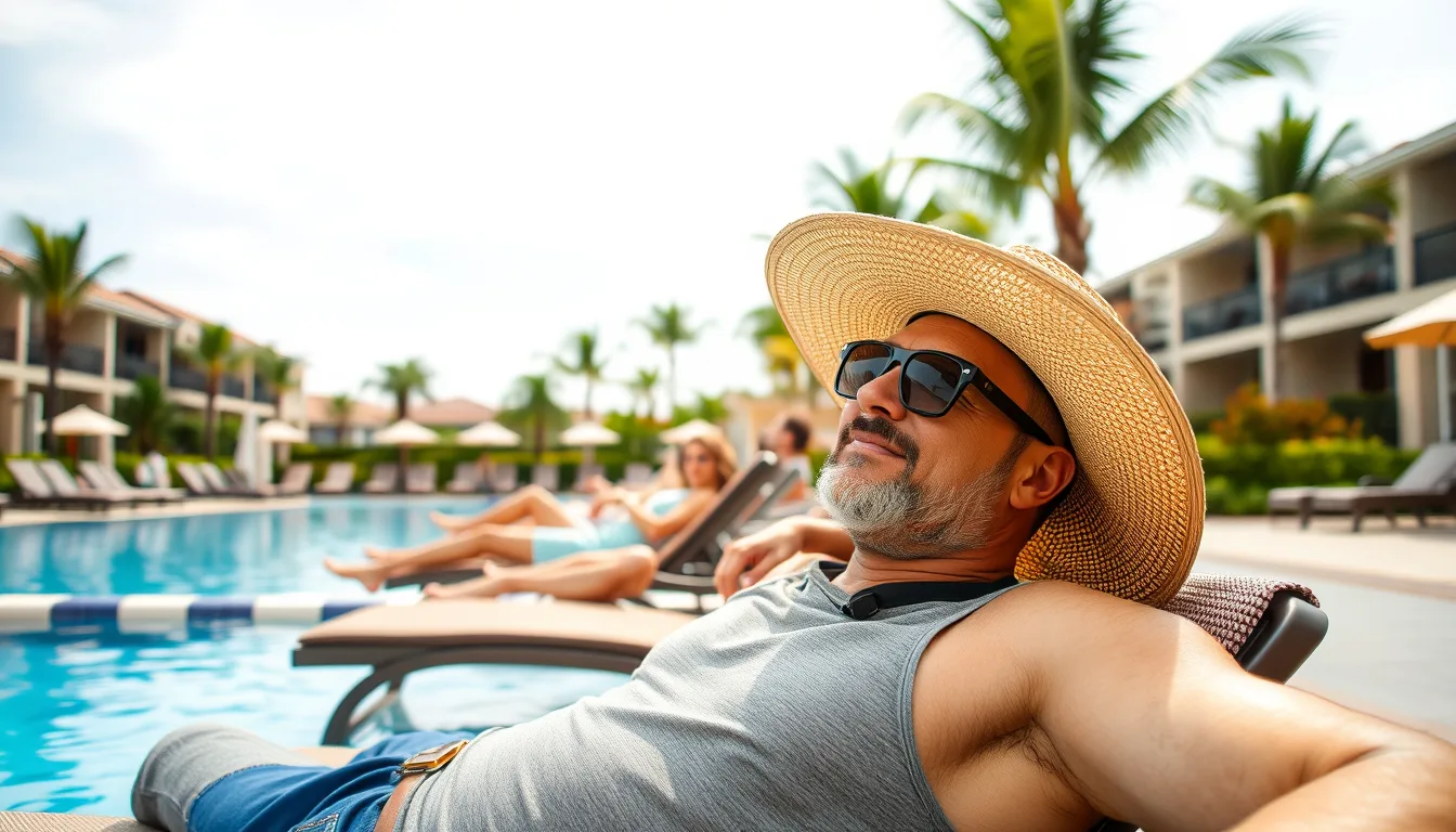image of a man in a big hat and sunglasses laying in a lounge chair around a resort pool