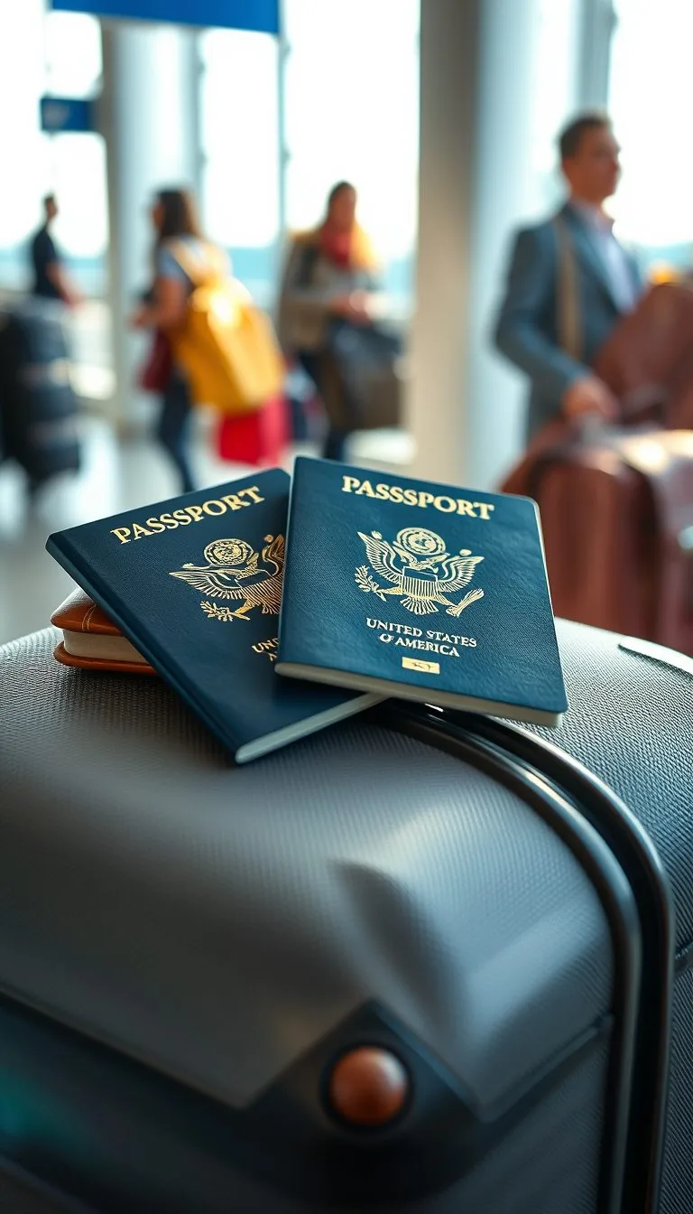A photorealistic close up scene of two United States passports placed neatly on top of a stylish suitcase
