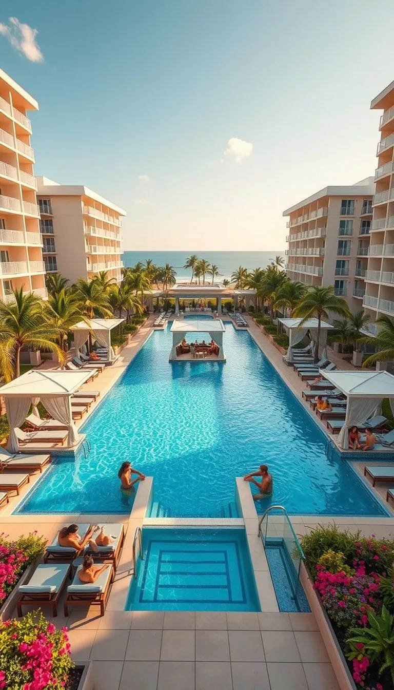 Prompt A luxurious tropical timeshare resort with a massive sparkling blue pool at the center