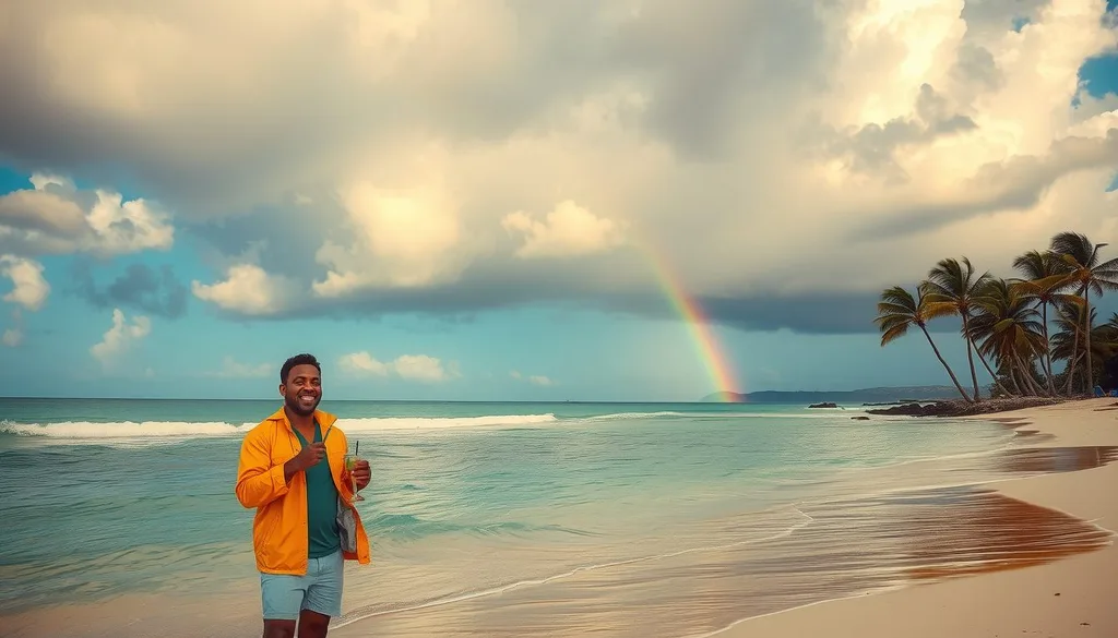 A serene beach in Barbados during hurricane season with golden sunlight breaking through