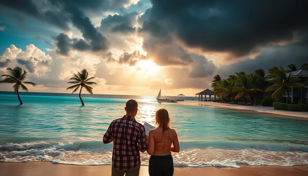 A Caribbean beachfront resort with turquoise waters and palm trees under dramatic skies