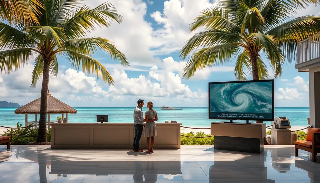 A Caribbean resort with palm trees and turquoise water under partly cloudy skies