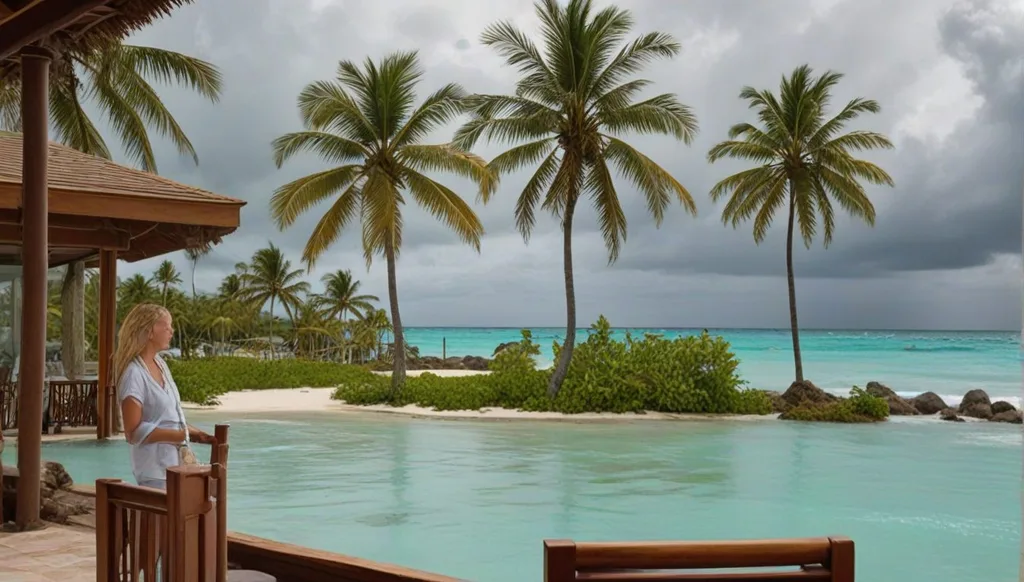 A Caribbean resort with palm trees and turquoise water under partly cloudy skies A subtle hurricane 4203574250