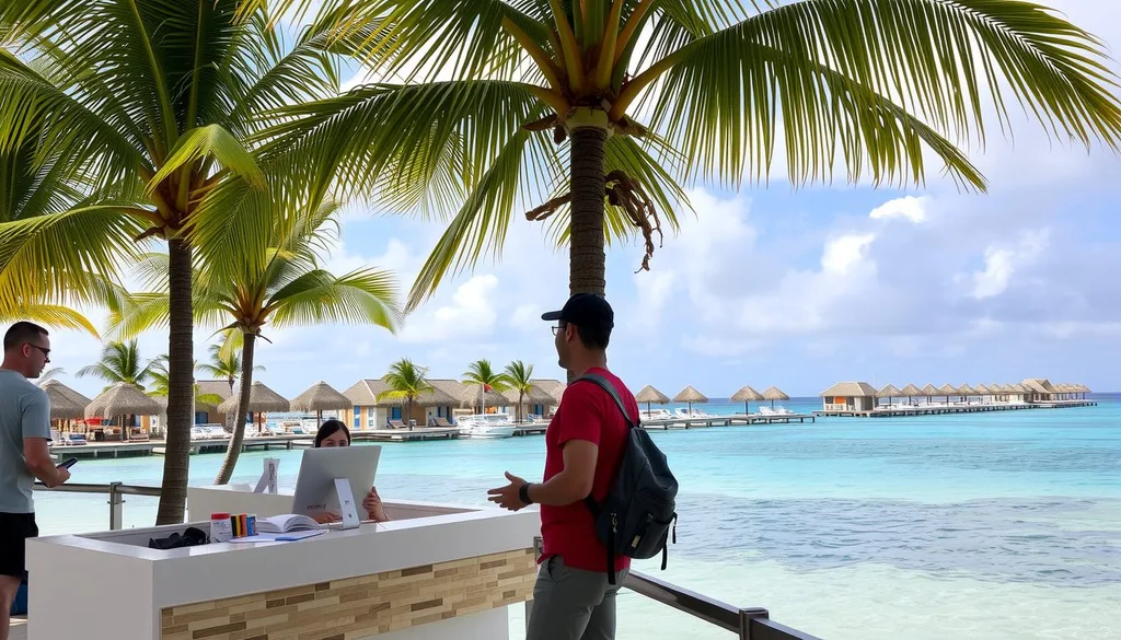 A Caribbean resort with palm trees and turquoise water under partly cloudy skies