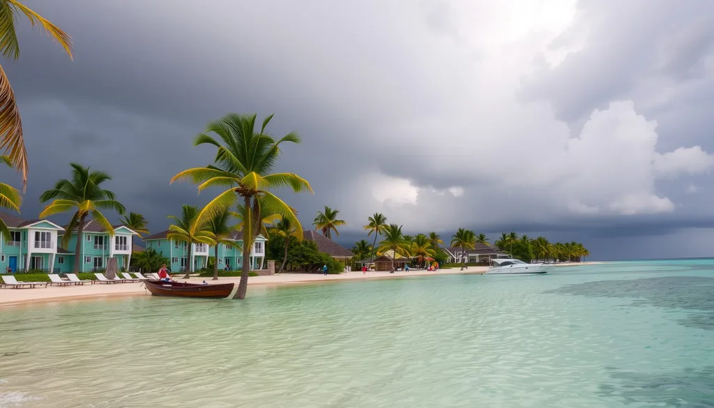 A Caribbean resort with turquoise water and palm trees under storm cloud skies