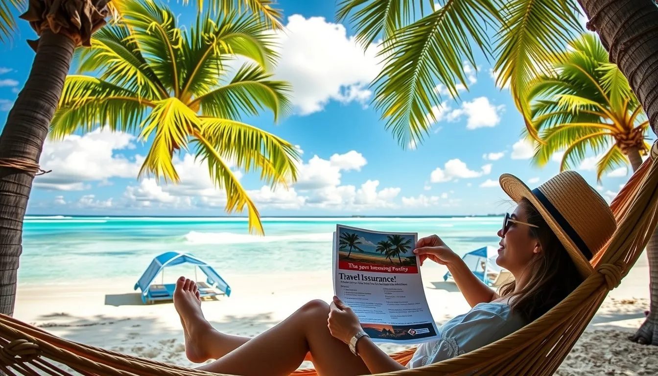A Caribbean resort with turquoise waters and palm trees under sunny skies
