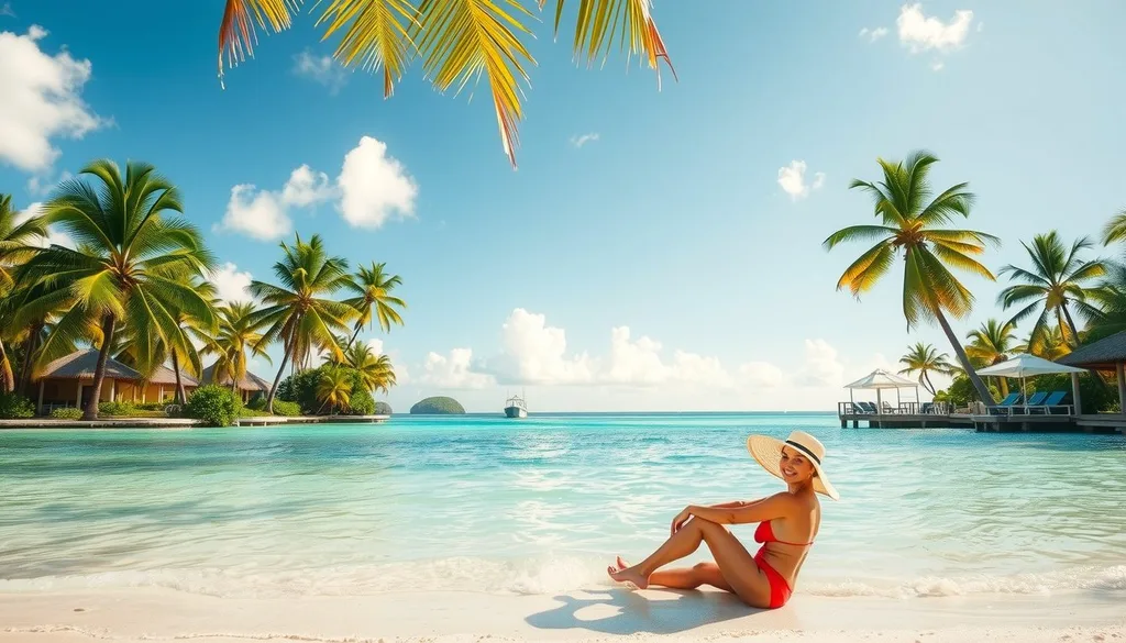 A sunlit Caribbean resort with calm turquoise water and swaying palms under clear skies