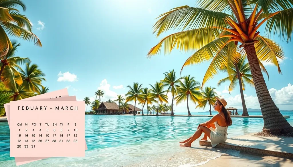 A sunlit Caribbean resort with calm turquoise water and swaying palms under clear skies