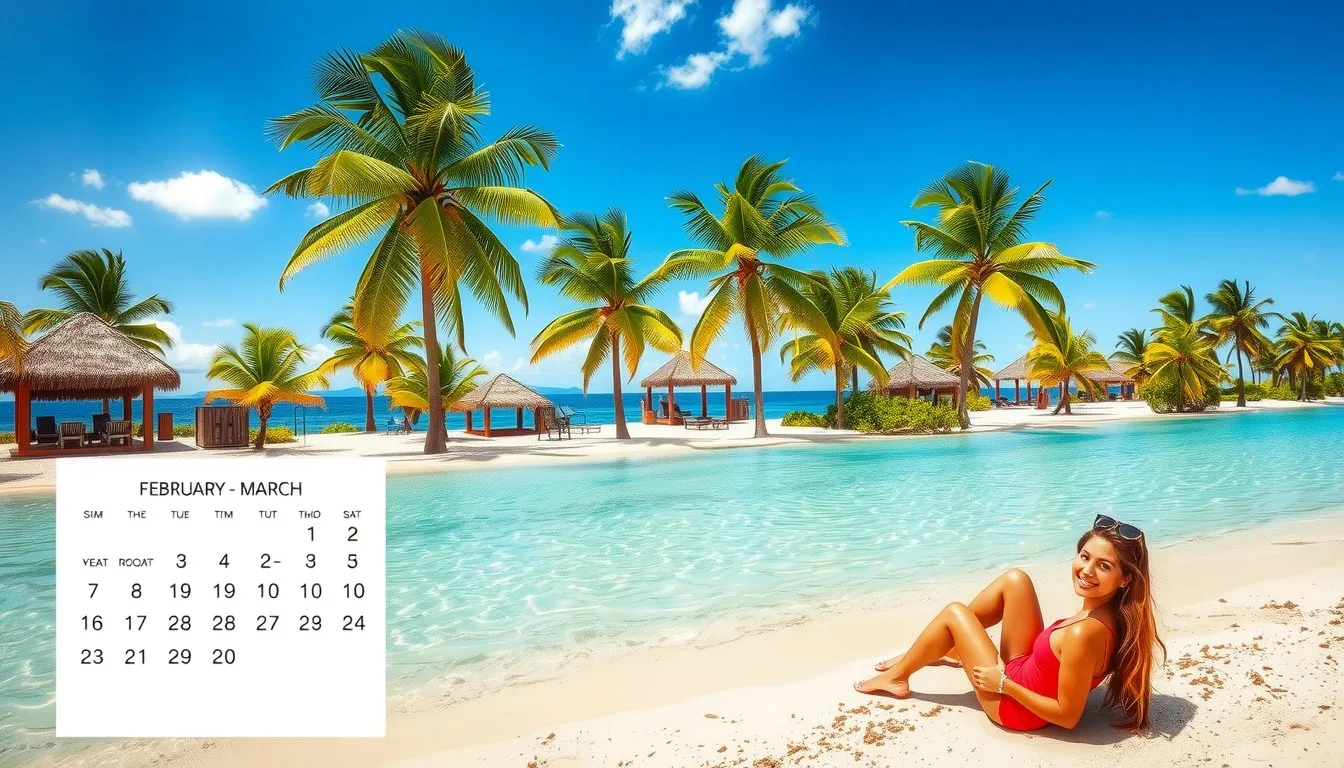 A sunlit Caribbean resort with calm turquoise water and swaying palms under clear skies