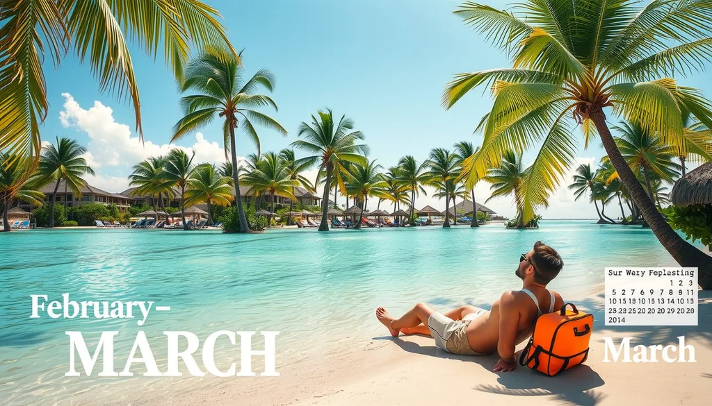 A sunlit Caribbean resort with calm turquoise water and swaying palms under clear skies