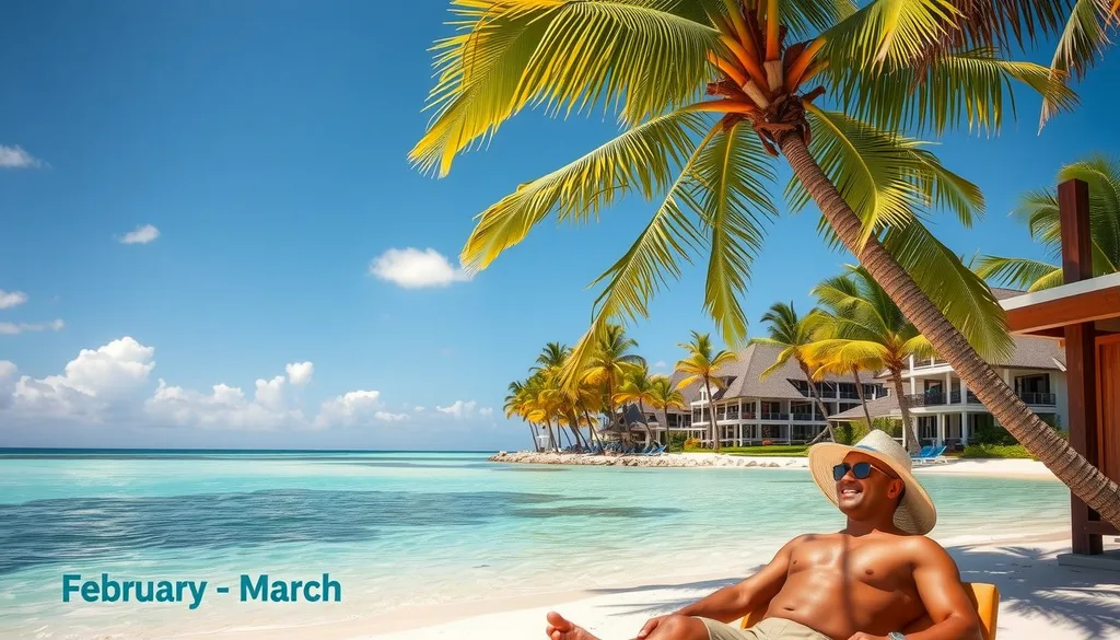 A sunlit Caribbean resort with calm turquoise water and swaying palms under clear skies