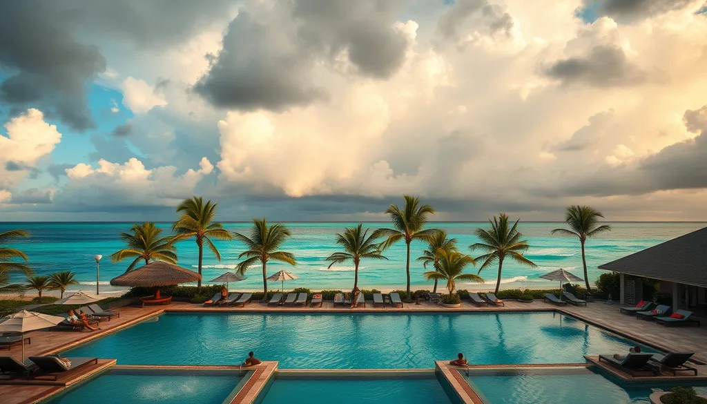 A Caribbean beachfront resort with turquoise waters and palm trees under dramatic October skies