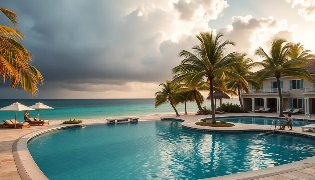 A Caribbean beachfront resort with turquoise waters and palm trees under dramatic October skies