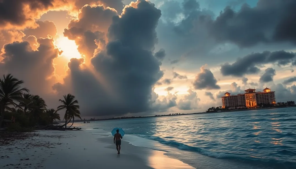 Caribbean beach with mixed September weather—sunshine, storm clouds, and resort guests with umbrellas