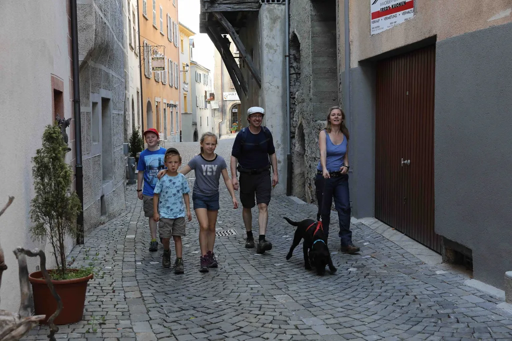 eine Familie, die mit einem Hund eine Kopfsteinpflasterstraße entlanggeht