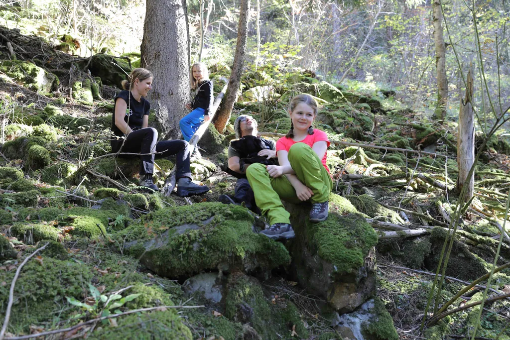 eine Gruppe junger Leute sitzt auf einem moosbewachsenen Felsen im Wald