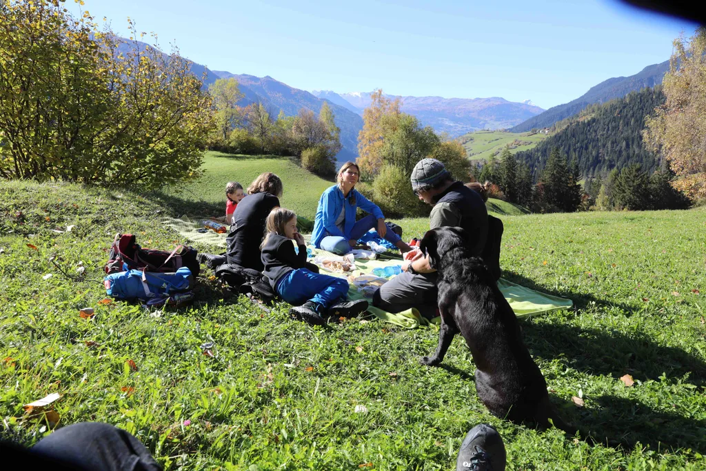 eine Gruppe von Menschen, die mit einem Hund auf einer Wiese sitzen
