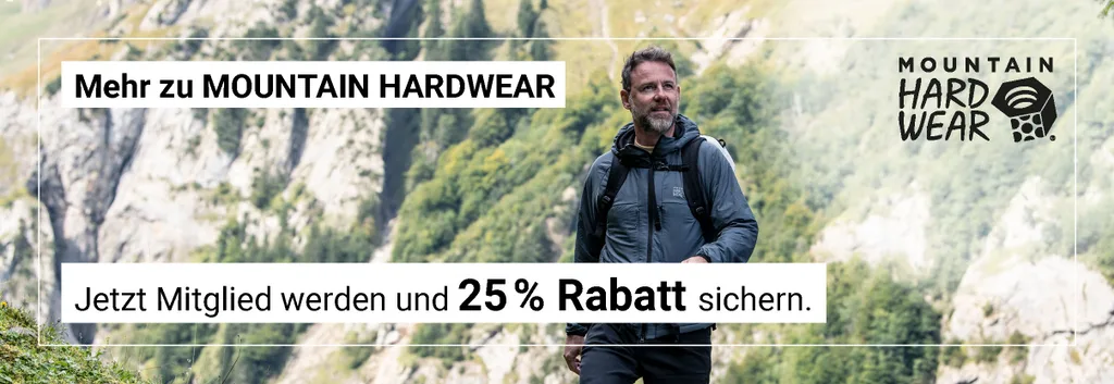Werbebild für 25% Rabatt bei Mountain Hard Wear mit einem Wanderer in den Bergen