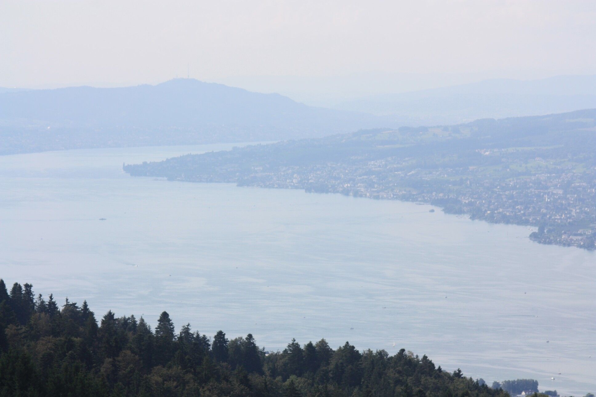 ein Blick auf einen See mit einer Stadt im Hintergrund 