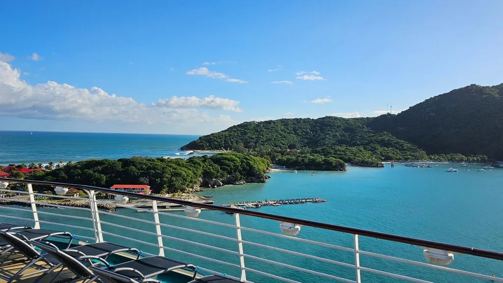 mountains at cruise port viewed from deck of cruise ship