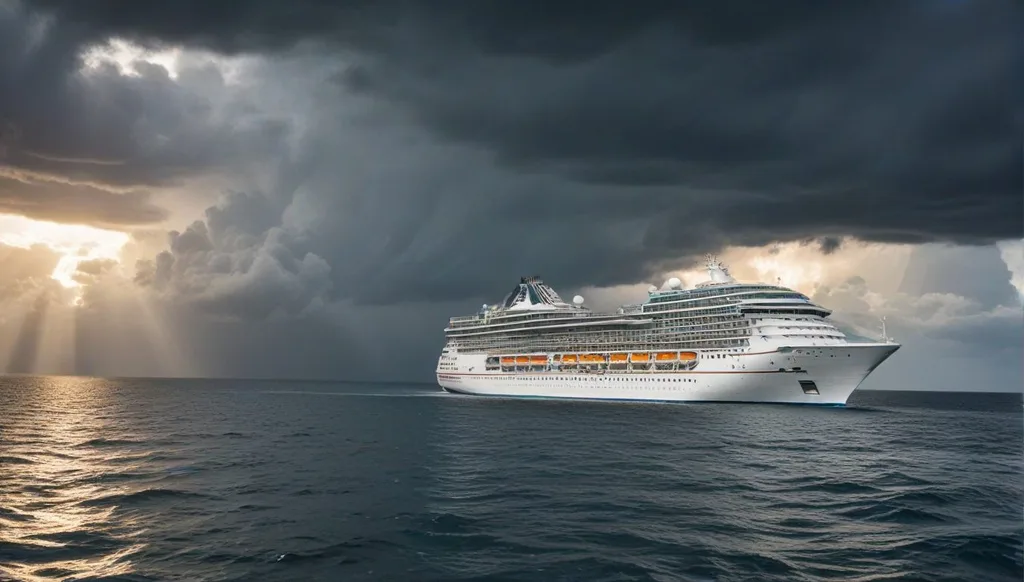 Cruise ship sailing peacefully after a hurricane, representing successful travel insurance claims and traveler reassurance.