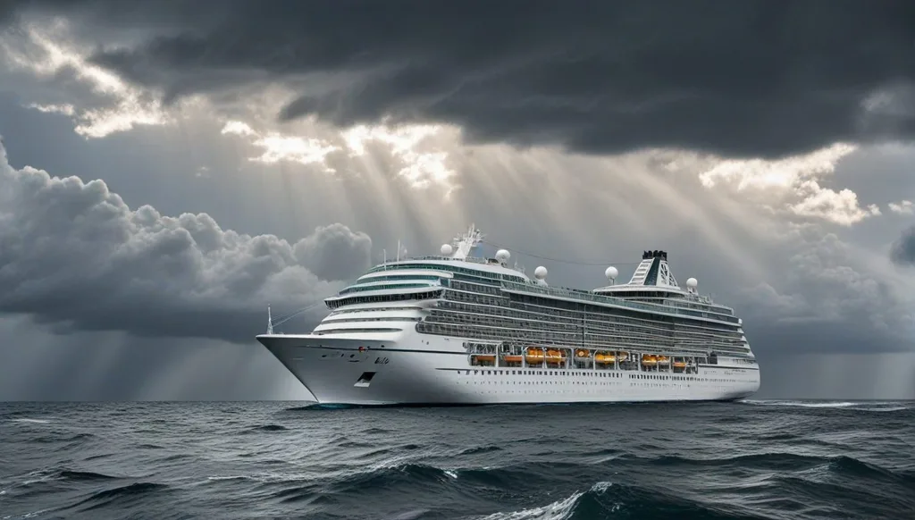 Cruise ship sailing peacefully after a hurricane, representing successful travel insurance claims and traveler reassurance.