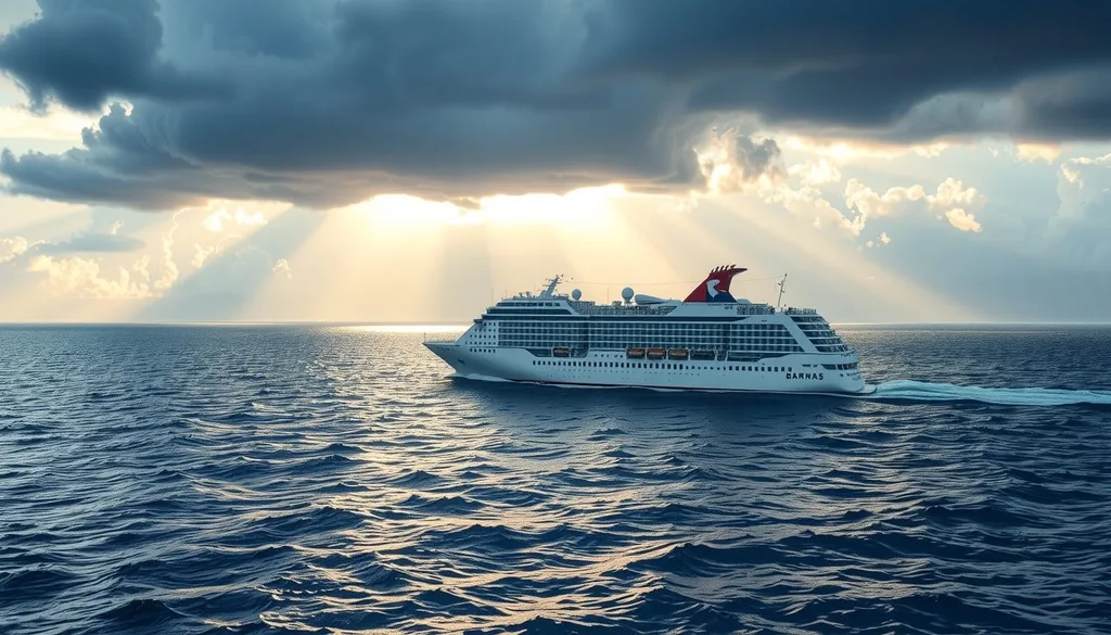 Cruise ship sailing peacefully after a hurricane, representing successful travel insurance claims and traveler reassurance.