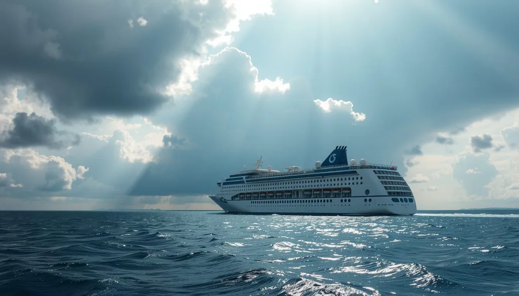 Cruise ship sailing peacefully after a hurricane, representing successful travel insurance claims and traveler reassurance.
