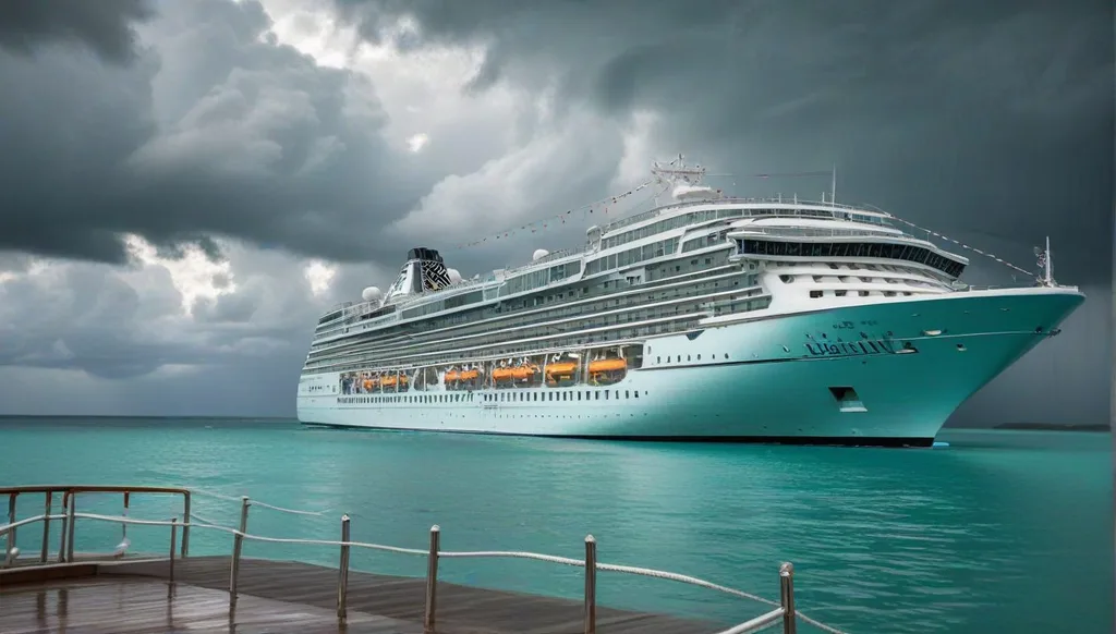 Cruise ship at port after a hurricane, representing traveler protection through refund and insurance coverage.