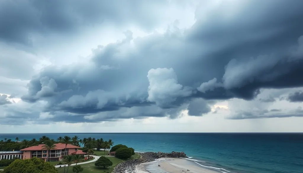 Resort villa on tropical shoreline with looming storm clouds, representing secure travel protection during hurricane risk