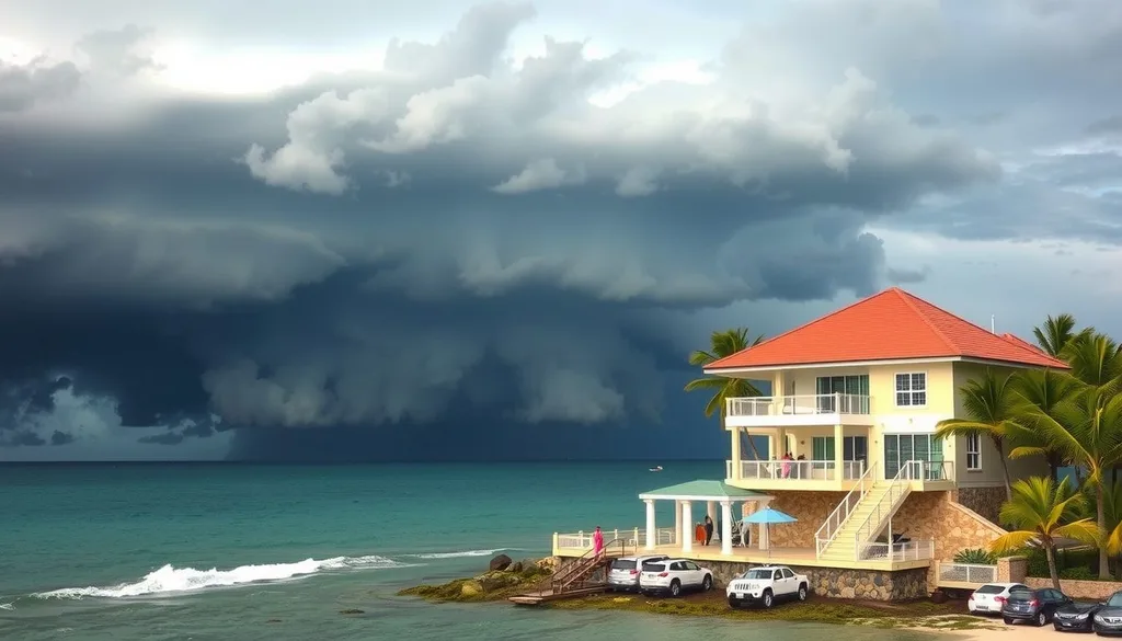 Resort villa on tropical shoreline with looming storm clouds, representing secure travel protection during hurricane risk.