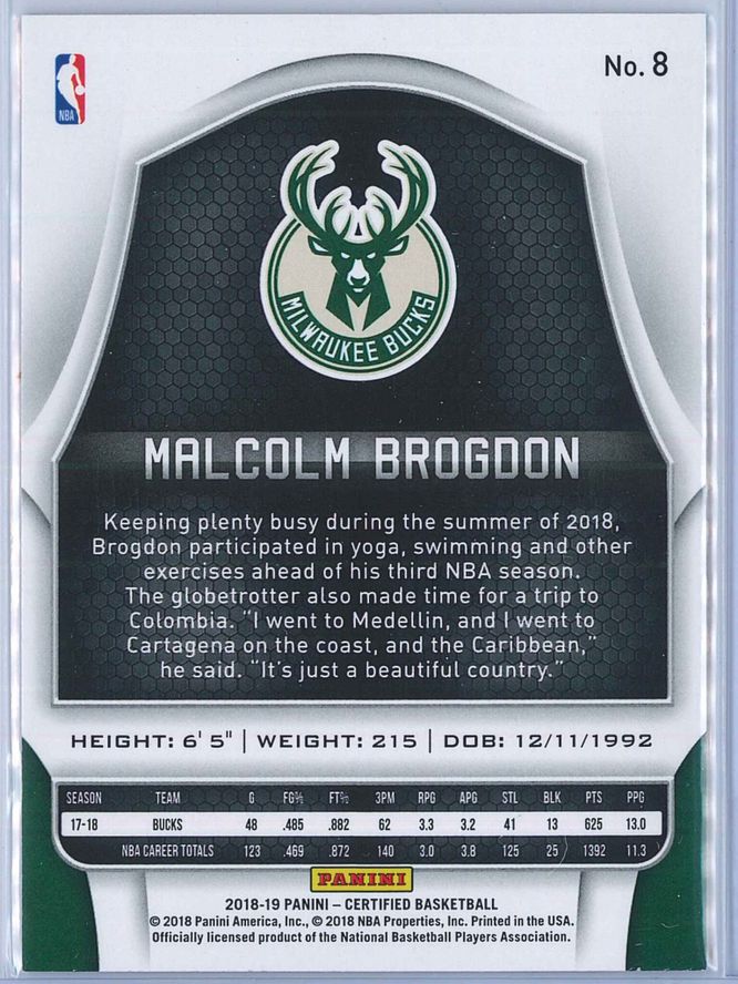 Malcolm Brogdon Panini Certified 2018 19 2