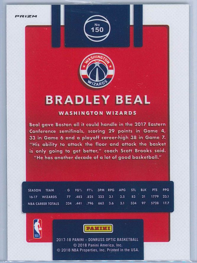 Bradley Beal Panini Donruss Optic Basketball 2017 18 Fast Break Holo Prizm 2