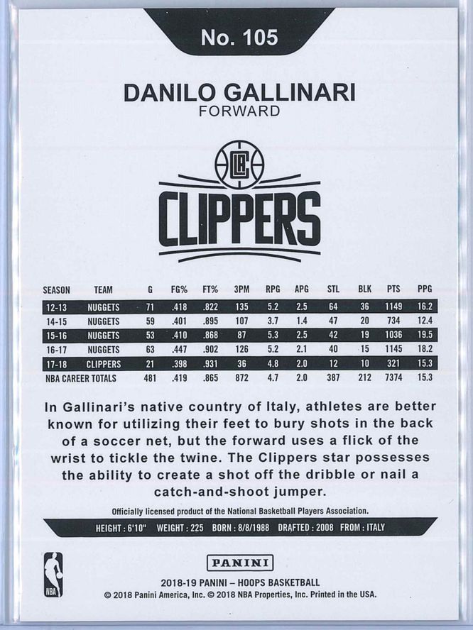 Danilo Gallinari Panini NBA Hoops 2018 19 Silver 168199 2