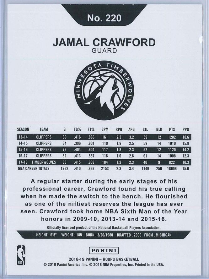Jamal Crawford Panini NBA Hoops 2018 19 Purple Winter 2