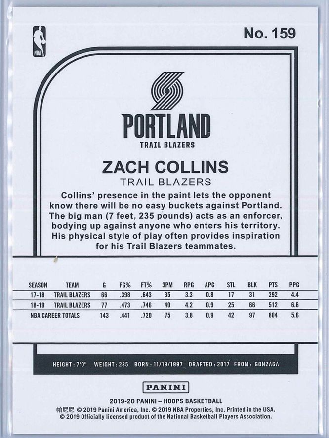 Zach Collins Panini NBA Hoops 2019 20 Blue Explosion 4849 2