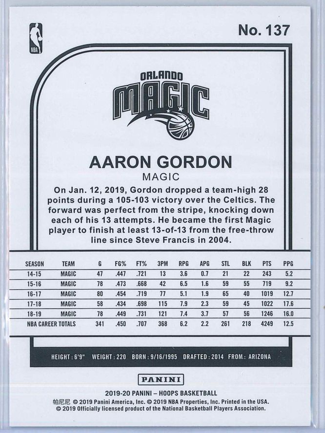 Aaron Gordon Panini NBA Hoops 2019 20 Purple 2