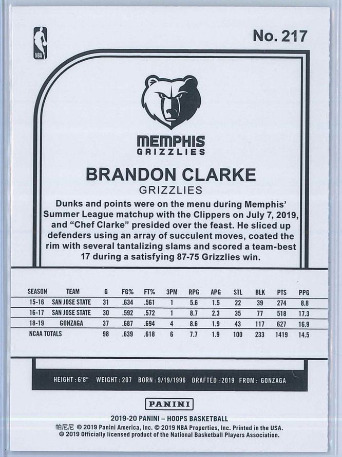 Brandon Clark Panini NBA Hoops Basketball 2019 20 Base Purple RC 2