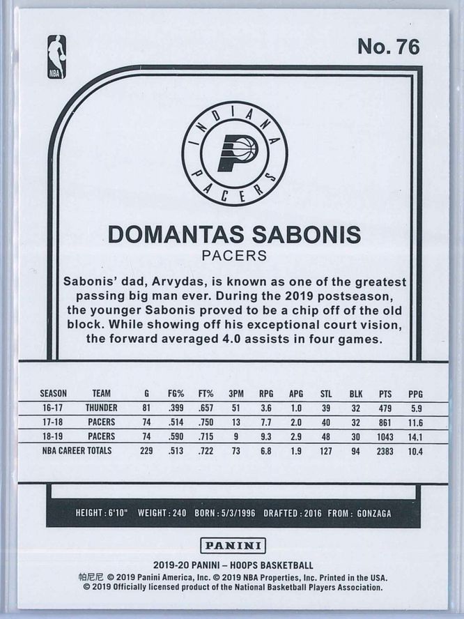 Domantas Sabonis Panini NBA Hoops 2019 20 Purple 2