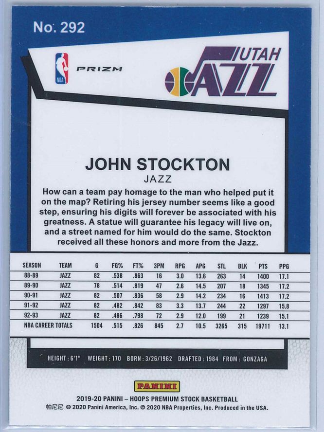 John Stockton Panini NBA Hoops Premium Stock 2019 20 Tribute Green Prizm 2