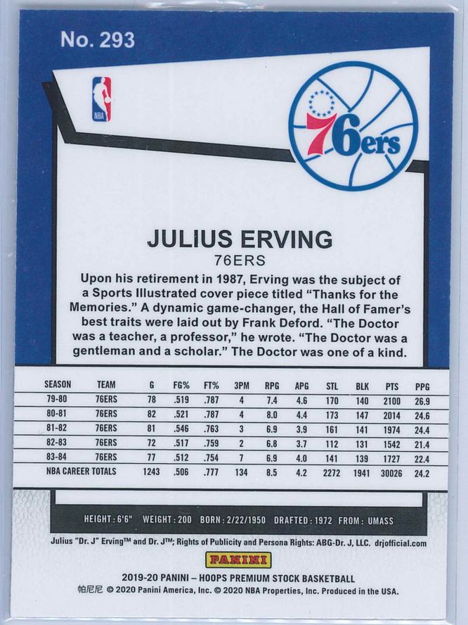 Julius Erving Panini NBA Hoops Premium Stock 2019 20 Tribute 2