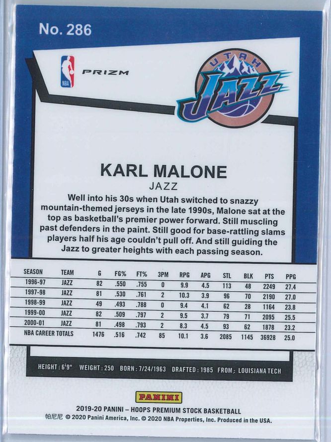 Karl Malone Panini NBA Hoops Premium Stock 2019 20 Tribute Silver Laser Prizm 2