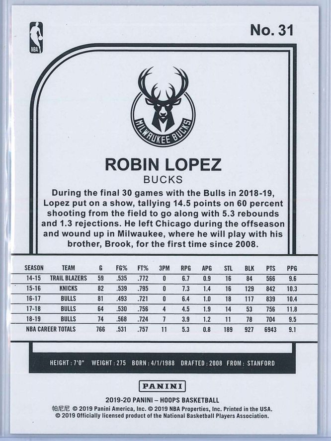 Robin Lopez Panini NBA Hoops 2019 20 Purple 2