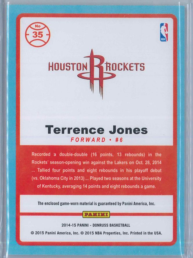 Terrence Jones Panini Donruss Basketball 2014 15 Game Threads 2