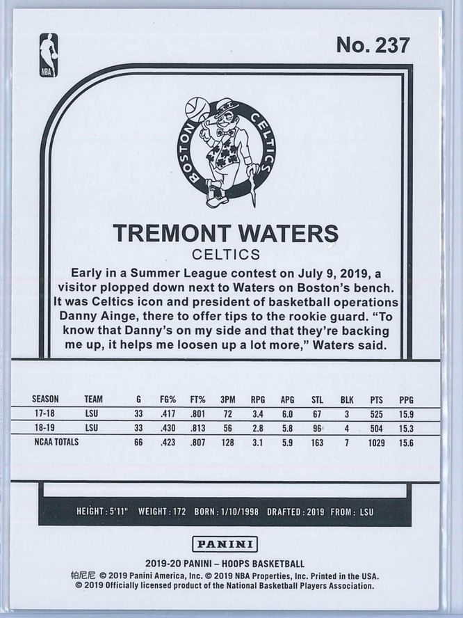 Tremont Waters Panini NBA Hoops Basketball 2019 20 Base Purple RC 2